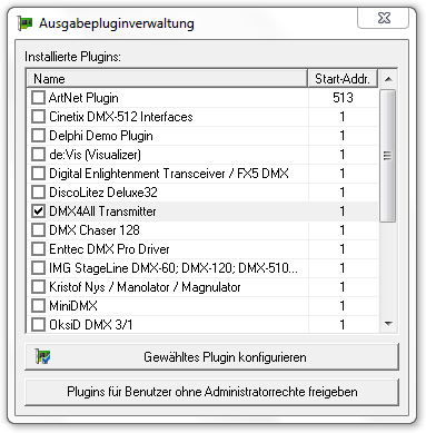 Abbildung 28.9:Ausgabepluginverwaltung bei der Auswahl des DMX4All-Plugins