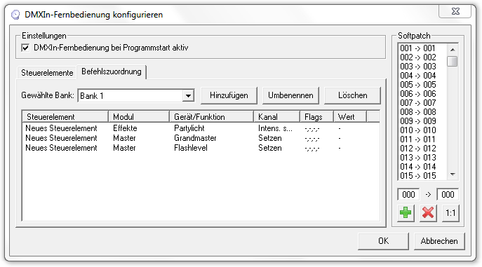 Abbildung 4:Konfigurationsfenster DMXIn-Fernbedienung - Befehlszuordnung -
