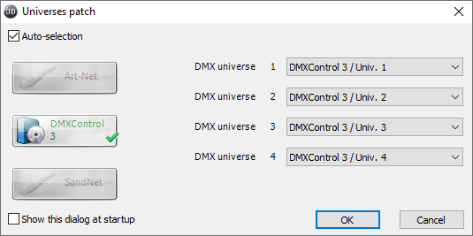 Abbildung 12:Aktivierung der Schnittstelle zu DMXControl 3 inklusive der Zuordnung der DMX-Universen in Magic 3D Easy View.