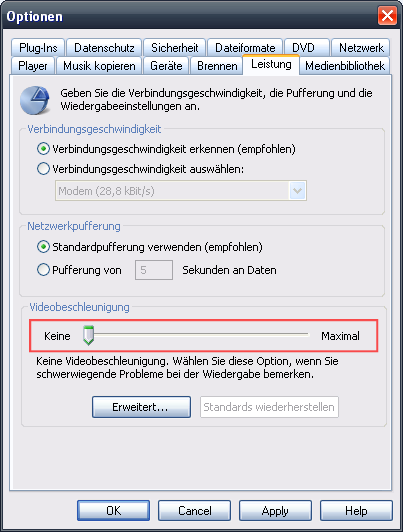 Leistungs-Dialog des WindowsMediaPlayers