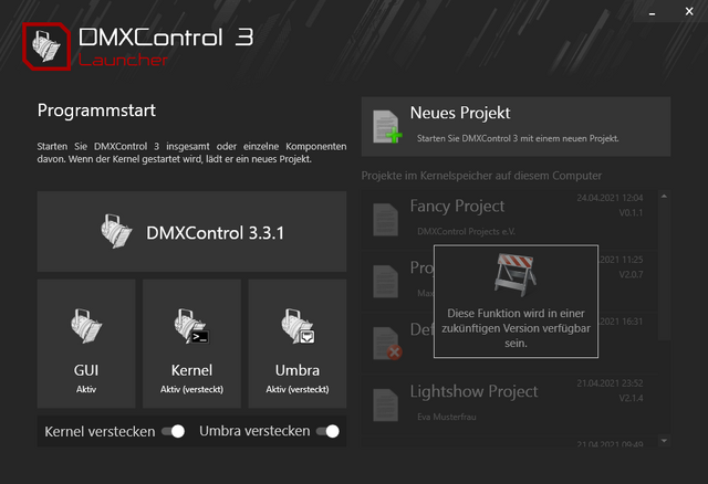 Abbildung 2:Status des Launchers nach dem vollständgen Start von DMXControl 3.